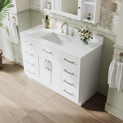 48-Inch Bathroom Vanity with Sink W/ 2 Doors & 8 Drawers & 1 Flip Drawer, White Vanity W/Brushed Nickel Handles