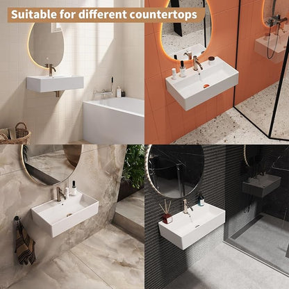 22" x 12" Wall Mount Bathroom Sink Rectangule Floating Sink Porcelain Ceramic White Bathroom Vessel Sink