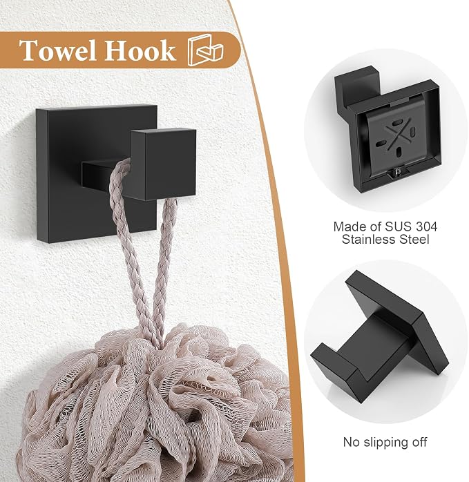TURS 5-Piece Bathroom Hardware Set Matte Black Towel Bar Set Bath Towel Holder Sets SUS 304 Stainless Steel Wall Mounted Towel Rack Sets for Bathroom.