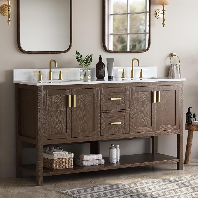 60 Inch Bathroom Vanity with Double Sink, Walnut | Farmhouse Bathroom Vanity with 2 Dovetail Drawers & Open Shelf, Engineered Stone Countertop with Backsplash, Fully Assembled