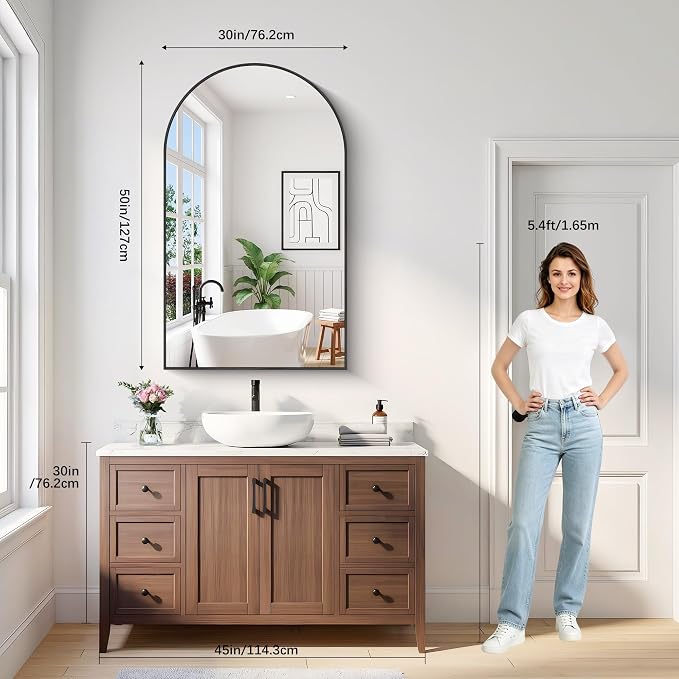 Arched Bathroom Mirror 30x50 Inch, Bathroom Mirror for Over Sink, Wall Mounted Vanity Mirror with Aluminum Frame & Tempered Glass, Ideal for Bedroom, Entryway, Living Room, Mantel, Black