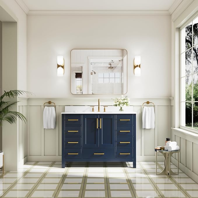 48-Inch Bathroom Vanity with Sink, 2 Soft-Close Doors and 9 Soft-Close Drawers, Bathroom Freestanding Vanity with Cultured Marble Countertop, Navy Blue Vanity W/Gold Handles