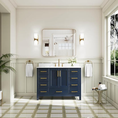 48-Inch Bathroom Vanity with Sink, 2 Soft-Close Doors and 9 Soft-Close Drawers, Bathroom Freestanding Vanity with Cultured Marble Countertop, Navy Blue Vanity W/Gold Handles