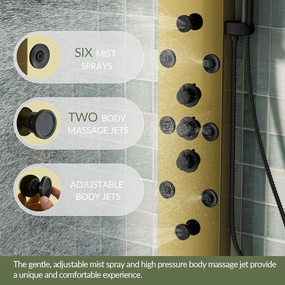 Shower Panel Tower System Stainless Steel LED Rainfall Waterfall Shower Head 5-Function Faucet Rain Massage System Wall Mount with 8 Body Jets, Handheld, and Tub Spout, Gold