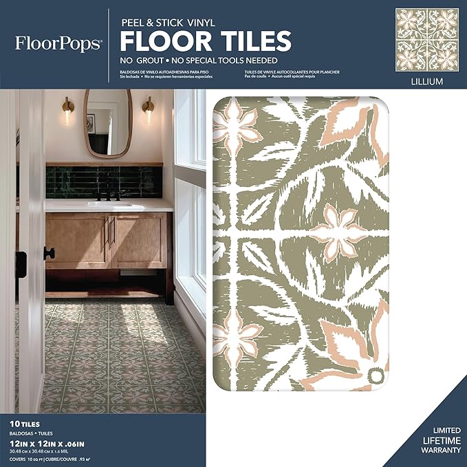 FloorPops Lillium Green Peel and Stick Floor Tiles, FP6303