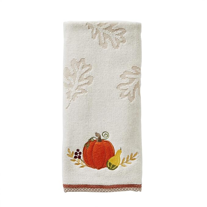SKL Home by Saturday Knight Ltd. Traditional Pumpkin Hand Towel, Tan | 100% Cotton. Soft & absorbent leaf jacquard with embroidery. Great for the bathroom, kitchen or bar & holiday gifting.