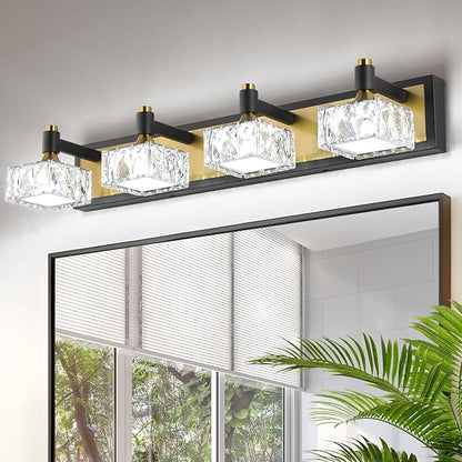 4-Light Bathroom Vanity Light Dimmable, 24W LED Bathroom Lighting Fixtures Over Mirror, Gold Black Wall Sconce with Crystal Shade for Daylight Illumination
