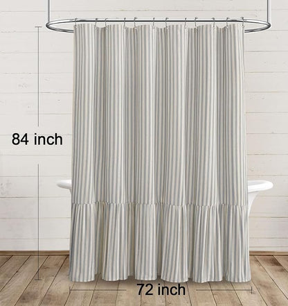 Farmhouse Shower Curtain Ruffle Linen Cream-Grey Stripe 72"W x 84"L | Farmhouse Boho, Striped, Bottom Ruffle, Linen Fabric, Rustic, Country, Natural Look, Washable, for Bathroom Bathtub