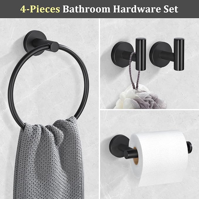 TURS Matte Black Towel Ring Toilet Paper Holder Towel Hooks 4-Pieces Bathroom Towel Holder Set SUS304 Stainless Steel Bathroom Accessories Kit Wall Mounted