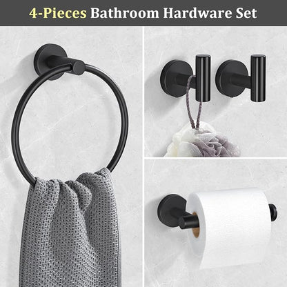 TURS Matte Black Towel Ring Toilet Paper Holder Towel Hooks 4-Pieces Bathroom Towel Holder Set SUS304 Stainless Steel Bathroom Accessories Kit Wall Mounted