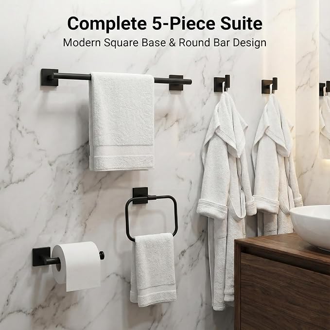 16 in 5-Piece Bathroom Hardware Set, Matte Black | SUS304 stainless steel, towel bar, towel ring, toilet paper holder, 2 robe hooks, hidden screw mount