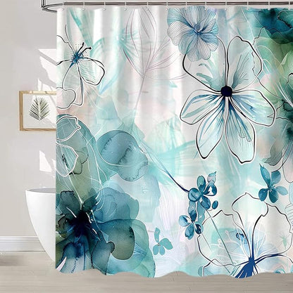Sanzugh Teal Floral Shower Curtain, Boho Emerald Sage Hunter Olive Green Blue Abstract Flowers Art Cute Fabric Shower Curtains Set for Bathroom Decorative with Hooks 60 X 72 inch Spring Bath Decor