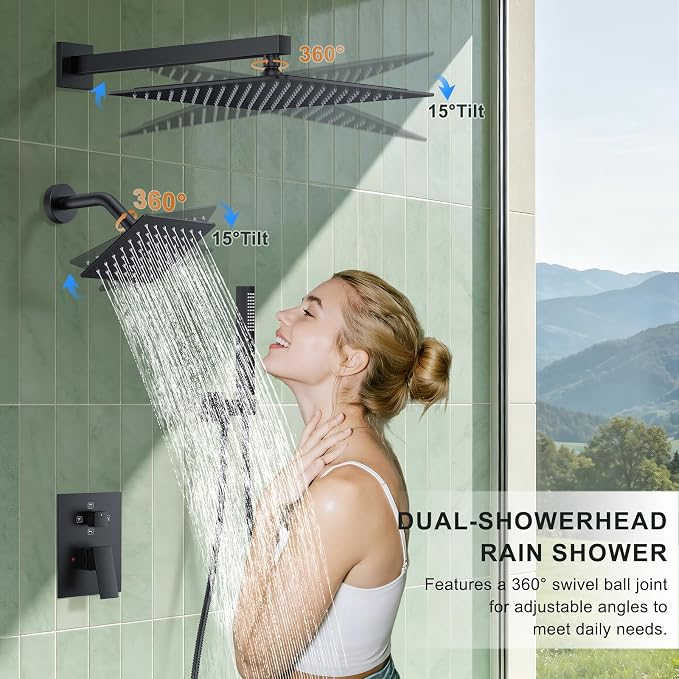 Rain Shower System with Rough-in Valve, Wall Mount Shower Faucet Set with 12" & 6" Dual Rain Shower Heads, 2-in-1 Handheld Shower, Tub Spout, 4-Function Complete Shower Fixture, Matte Black