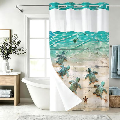 Nautical Green Beach Sea Turtle Theme No Hook Waffle Weave Shower Curtain with Snap in Liner Nautical Blue Bathroom Ocean Set 60 W x 74 H Inch Blue