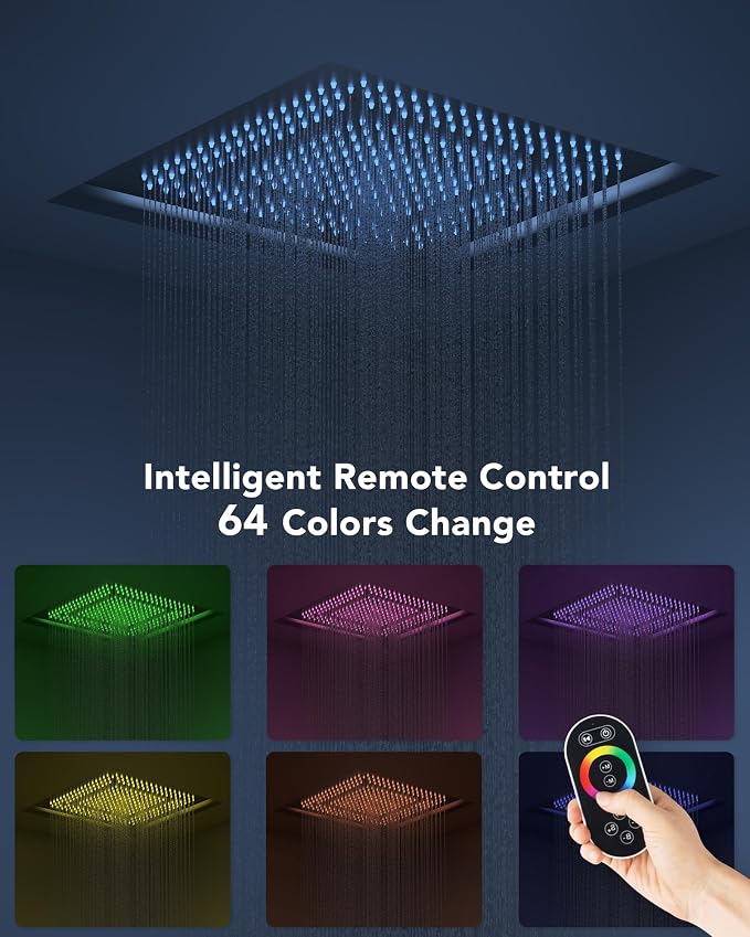 64 Color LED Mood Lighting Rainfall Shower System, 20" Ceiling Mount Bathroom Shower Faucet Set (Matte Black)