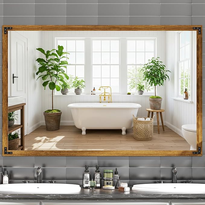 Hasipu Farmhouse Bathroom Mirror, 55"x36" Rustic Wood Framed Wall Mounted Mirror, Walnut Vintage Vanity Mirror Modern Farmhouse Style Decrative Mirrors