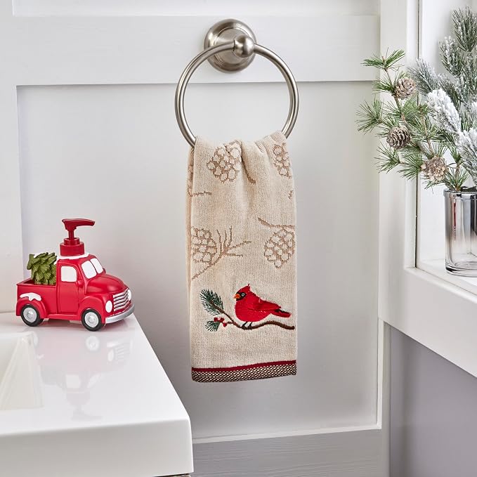 SKL Home Christmas/Winter Cardinal & Branch Hand Towel Set-2pc, Wheat | 100% Cotton. Soft & absorbent pinecone jacquard with embroidery. Great for the bathroom, kitchen or bar & holiday gifting.