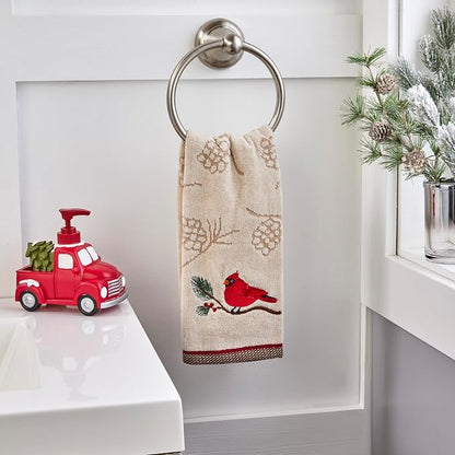 SKL Home Christmas/Winter Cardinal & Branch Hand Towel Set-2pc, Wheat | 100% Cotton. Soft & absorbent pinecone jacquard with embroidery. Great for the bathroom, kitchen or bar & holiday gifting.
