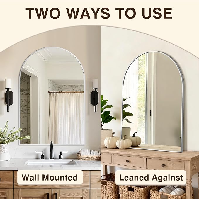 Arched Bathroom Vanity Mirror for Over Sink, 32”x30”, Silver | HD Tempered Glass, Anti-Rust Metal Frame, Hanging or Leaning, Wall Mirrors for Bathroom Sink, Bedroom, Living Room, Entryway