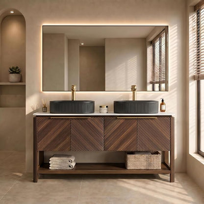 Yayzy 60 Inch Double Sink Bathroom Vanity, Dark Walnut Bathroom Cabinet with Double Matte Black Oval Vessel Sinks, Carrara White Sintered Stone Countertop, Soft Close Doors, Open Storage Shelf