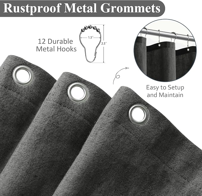 Dark Grey Linen Shower Curtain, Country Boho Farmhouse Bath Decor Shower Curtains Neutral Cloth Weighted Textured Fabric Bath Curtain Liner with Hooks, 72x80