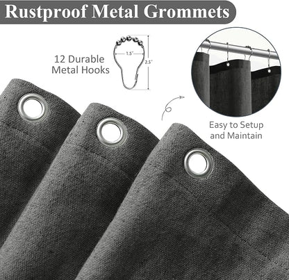 Dark Grey Linen Shower Curtain, Country Boho Farmhouse Bath Decor Shower Curtains Neutral Cloth Weighted Textured Fabric Bath Curtain Liner with Hooks, 72x96