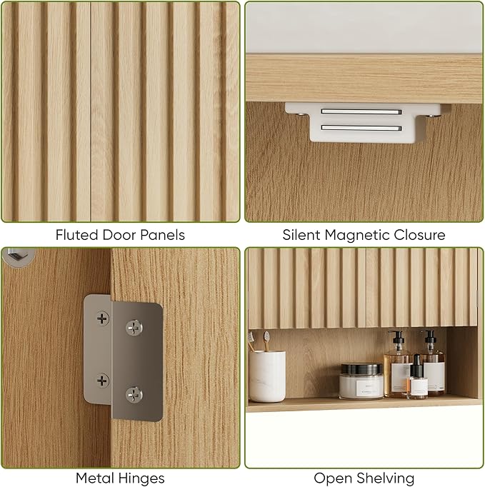 Bathroom Wall Storage Cabinet with Fluted Doors, Medicine Cabinet with Adjustable Shelf, Over The Toilet Storage Cabinet for Laundry Room & Kitchen & Living Room, Natural Oak