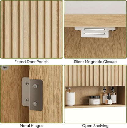 Bathroom Wall Storage Cabinet with Fluted Doors, Medicine Cabinet with Adjustable Shelf, Over The Toilet Storage Cabinet for Laundry Room & Kitchen & Living Room, Natural Oak