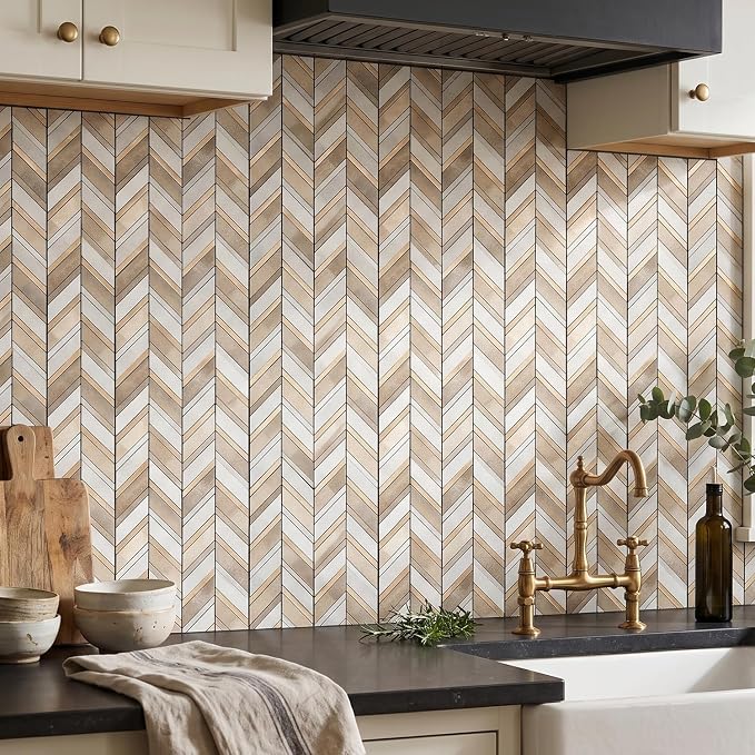 Yipscazo 10-Sheet Herringbone Backsplash Peel and Stick Tile, Beige Mixed Gray Stone Mixed Metal Gold PVC Stick on Backsplash for Kitchen, Waterproof Self Adhesive Wall Tiles for Bathroom
