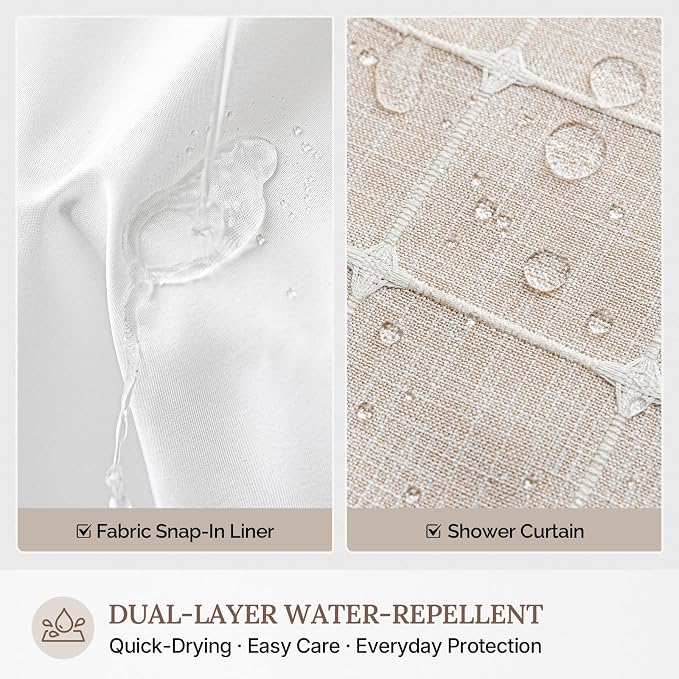 RiverDream Farmhouse No Hooks Shower Curtain with Snap-in Liner,Linen,71x80 | Snap on Fabric Liner,Heavy Duty,Quick Dry,Mesh Top Window,With Bottom Magnets,Washable,with Tassels,Long Size