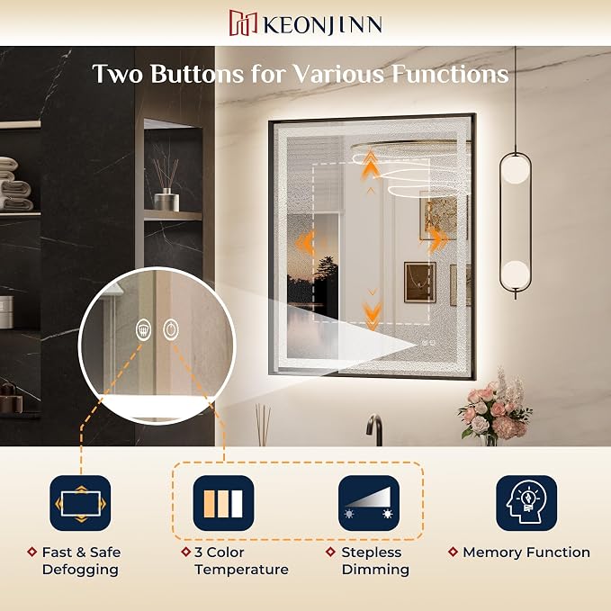 Keonjinn 40x30 Inch Black LED Bathroom Mirror with Lights, Beveled Edge | Frontlit & Backlit, Lighted Bathroom Mirror, HD Tempered Glass, 3 Color Temperatures, Anti-fog, Stepless Dimmable