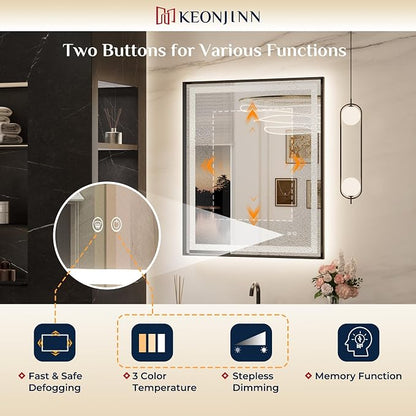 Keonjinn 40x30 Inch Black LED Bathroom Mirror with Lights, Beveled Edge | Frontlit & Backlit, Lighted Bathroom Mirror, HD Tempered Glass, 3 Color Temperatures, Anti-fog, Stepless Dimmable