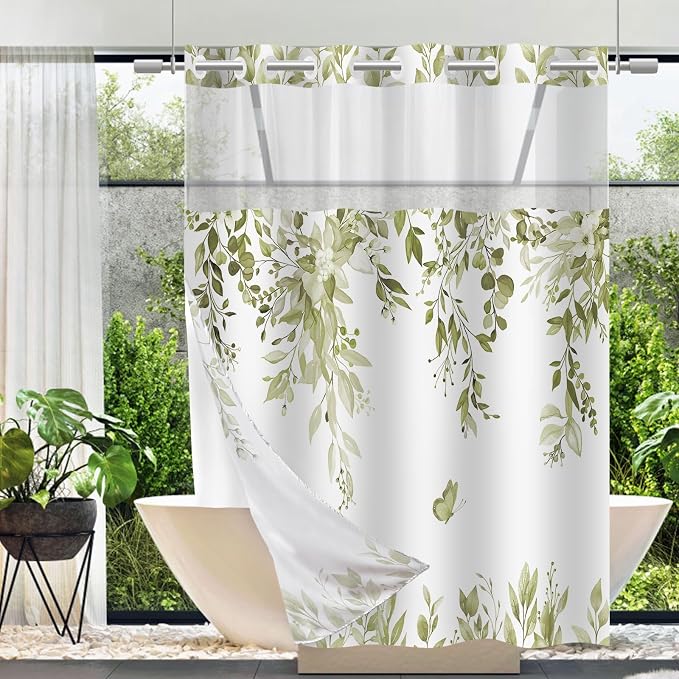 No Hook Shower Curtain and Liner Set, Beige Eucalyptus 71x74 | Floral Design, with Snap in Liner, Waterproof, Machine Washable, Quick-Drying, for Hotel Bathroom