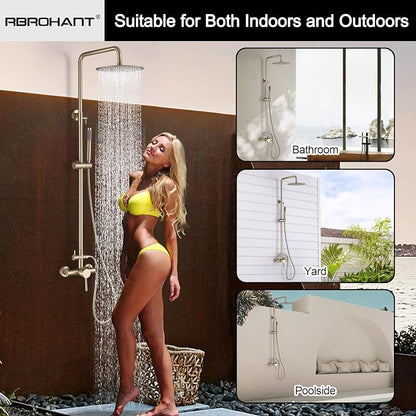 RBROHANT Outdoor Shower, Wall Mount Outdoor Shower Kit, Outside Shower Faucet with Height Adjustable Rain Shower Head and Handheld, Exposed Shower for Backyard, Wall Mounted, Brushed Gold, JK0147