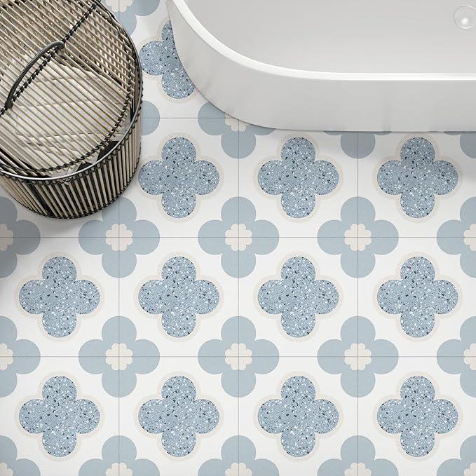 Peel & Stick Floor Tiles Self Adhesive Vinyl Flooring 11.8" x 11.8", DIY Tile Stickers for Kitchen Living Room Waterproof Removable Terrazzo Look Blue PP Material 10 Sheets