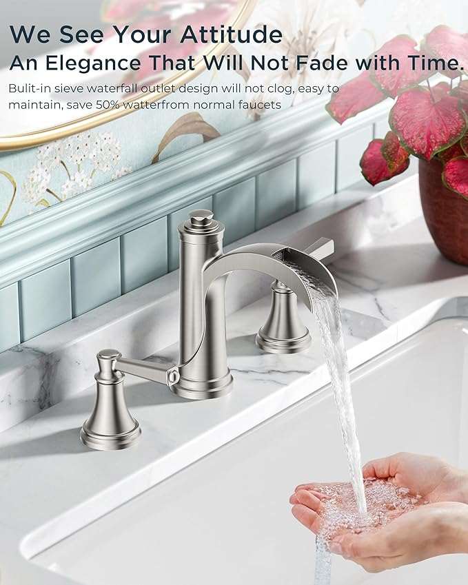 FORIOUS Brushed Nickel Bathroom Faucet Widespread 3 Hole for 6"-12" Sinks, 2 Handle 8" Waterfall Silver Bathroom Sink Faucet 3 Holes Vanity with Metal Drain Stopper and 22" Water Hoses
