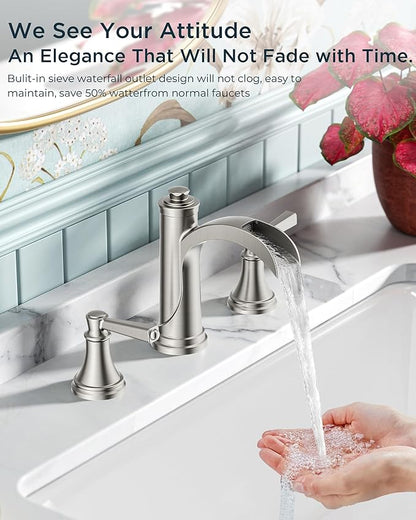 FORIOUS Brushed Nickel Bathroom Faucet Widespread 3 Hole for 6"-12" Sinks, 2 Handle 8" Waterfall Silver Bathroom Sink Faucet 3 Holes Vanity with Metal Drain Stopper and 22" Water Hoses