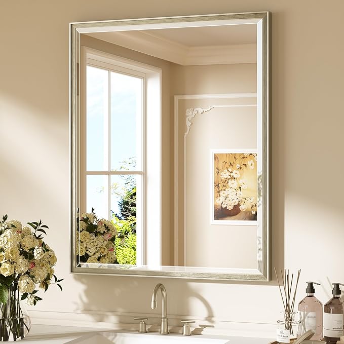 Keonjinn 30" x 36" Brushed Nickel Bathroom Mirrors for Over Sink, Rectangle | Aluminum Alloy Frame, Safe Tempered Glass with Beveled Edge, French Cleat, Silver Vanity Wall Mirror(Vertical/Horizontal)