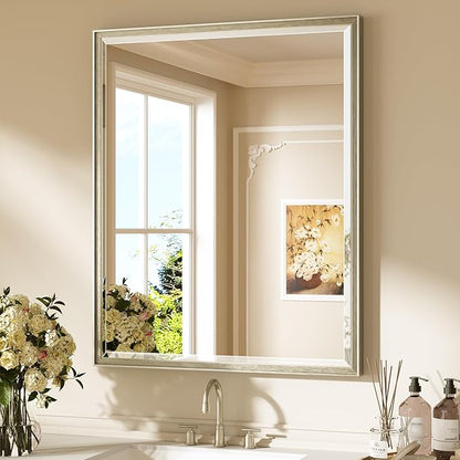 Keonjinn 30" x 36" Brushed Nickel Bathroom Mirrors for Over Sink, Rectangle | Aluminum Alloy Frame, Safe Tempered Glass with Beveled Edge, French Cleat, Silver Vanity Wall Mirror(Vertical/Horizontal)