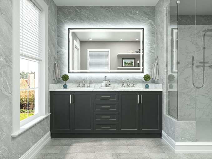 60 x 36 Bathroom LED Mirror Brushed Gunmetal Gray/Off‑Black Frame Frontlit & Backlit Vanity Mirror Anti-Fog Stepless Dimmable 3 Colors White/Warm/Natural Wall-Mounted