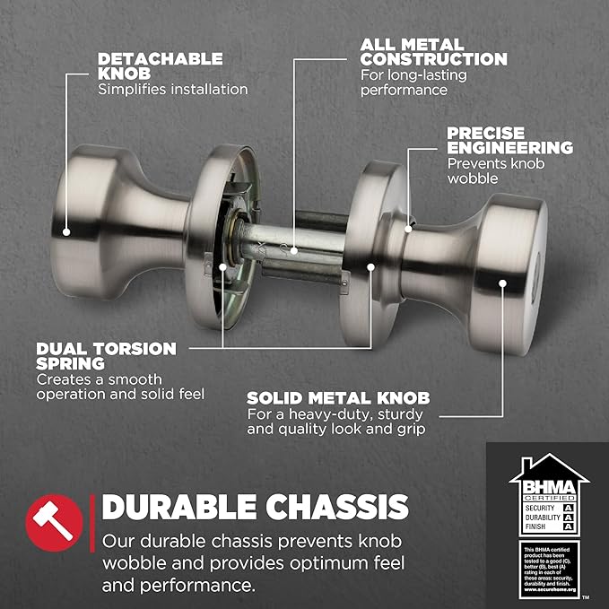 Kwikset Pismo Entry Door Knob with Lock and Key, Secure Keyed Handle Exterior, Front Entrance and Bedroom, Satin Nickel, 4 Pack, Pick Resistant SmartKey Rekey Security and Microban