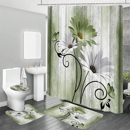 Onalasyc 4PCS Grass Green Daisy Bathroom Sets with Shower Curtain and Rugs | Country Floral Butterfly Shower Curtain Set,Modern Bathroom Decor Shower Curtains Set with Rugs Toilet Lid Cover and 12 Hooks