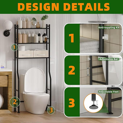 3-Tier Over Toilet Storage with 2 Basket & Anti-Tilt System - 150lb Total Capacity Metal Bathroom Shelves Including Paper Holder & 4 Hooks, Space Saving Above Commode Organizer (64" H, Black)