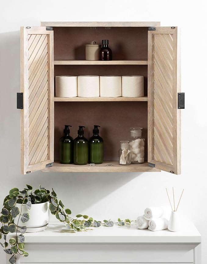 Kate and Laurel Mezzeta Decorative Coastal Two-Door Floating Bathroom Cabinet; 22 x 7 x 28; Whitewash; Decorative Over Toilet Storage Cabinet Made from Solid Mango Wood with Slatted Chevron Design