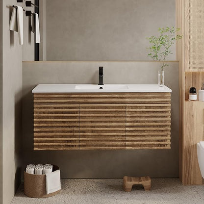 eclife 48" Floating Bathroom Vanity with Sink Combo Mid-Century Wall Mounted Cabinet with Wood Stripes Decor, Drawers, Undermount Single Sink, Faucet, Drain, Light Walnut