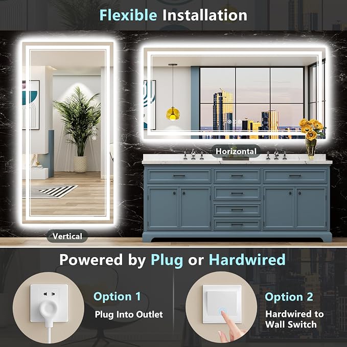 77x36 LED Bathroom Mirror, Backlit & Front Lit Lighted Mirror | Anti-Fog Vanity Mirror with Lights, 3 Color Dimmable, Memory, Shatterproof, Tempered Glass, CRI95, UL Listed, Wall Mounted