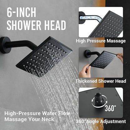 Thermostatic Dual Shower System with Wall Mount 12-Inch Rainfall Shower & 6-Inch Shower Head, Matte Black Bathroom Dual Shower Heads Faucet Set with High Pressure Handheld Sprayer