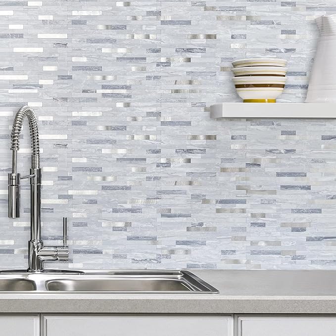AULIGET 20 Sheets Faux Stone Peel and Stick Backsplash, Light Grey Marble Look PVC Mixed Metal Wall Tiles Stick on Backsplash for Kitchen