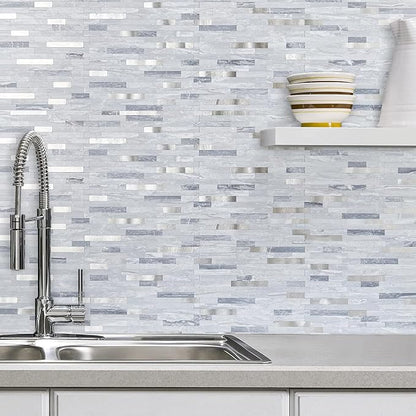 AULIGET 20 Sheets Faux Stone Peel and Stick Backsplash, Light Grey Marble Look PVC Mixed Metal Wall Tiles Stick on Backsplash for Kitchen