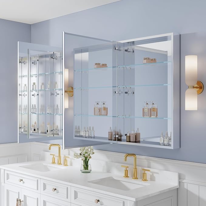 72" x 36" Bathroom Medicine Cabinet with Mirror, Anodized Chrome Aluminum Frame, Surface Mount or Recessed Medicine Cabinet with Mirror, Bathroom Mirror with Storage, Four Doors